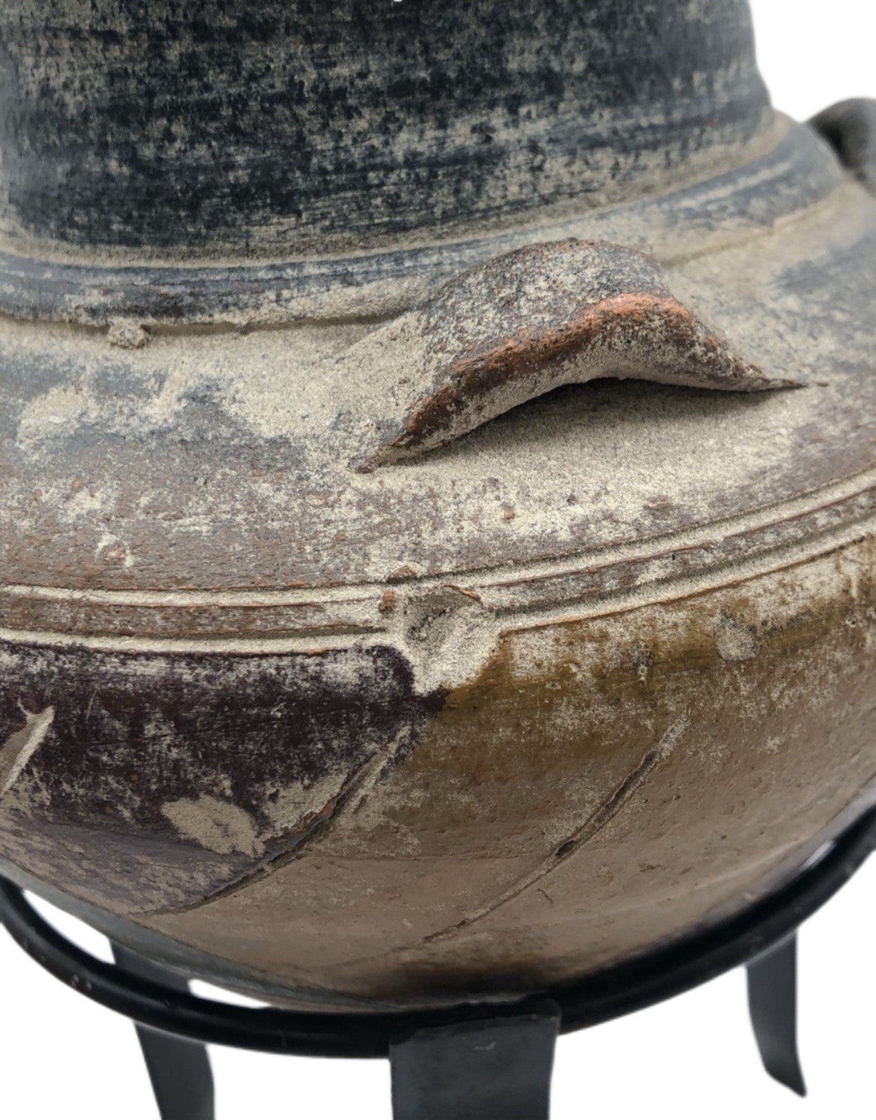 Vintage Rustic Clay Cone Pottery Vase with Handles and Stand
