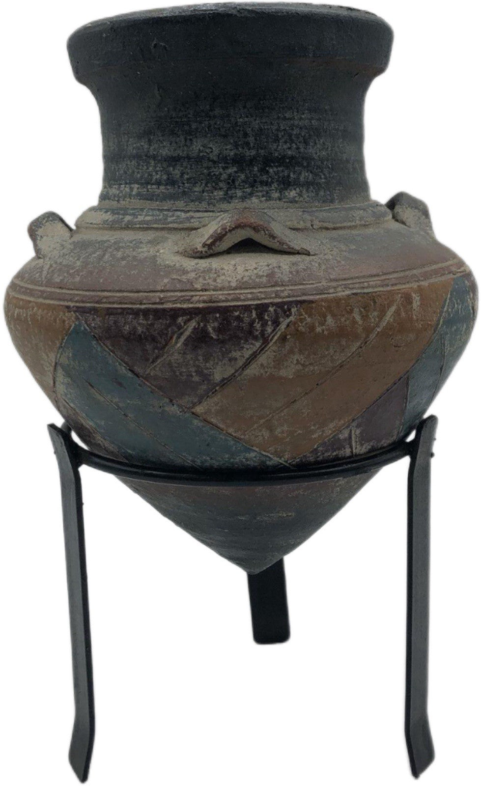 Vintage Rustic Clay Cone Pottery Vase with Handles and Stand